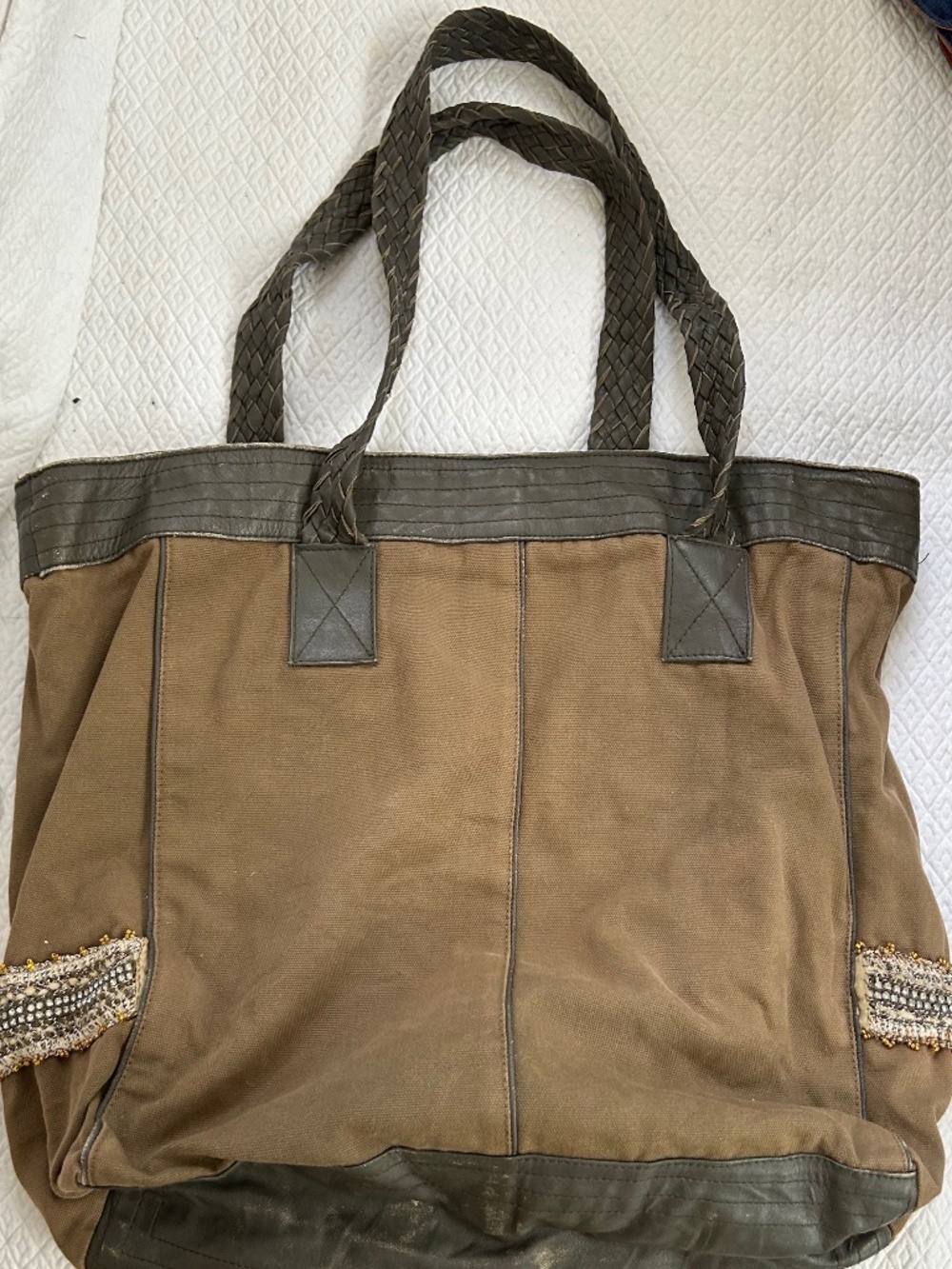 ambre BABZOE France Army khaki leather trim sparkly detailing cotton tote bag